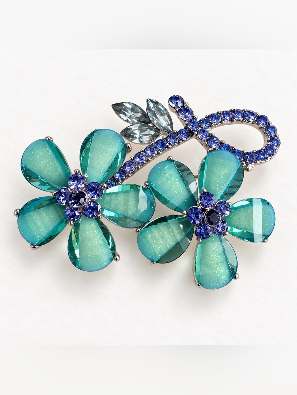 Teal & Blue Crystal Double Flower Statement Brooch